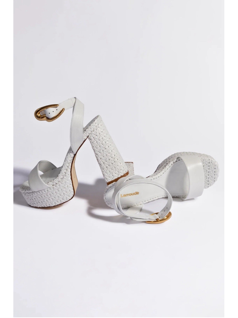 New Larroude Dolly Verona Sandal White Leather Raffia Block Heel 8 Gold Buckle